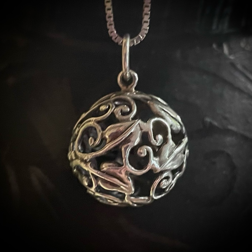Vintage Sterling Silver Vine Filigree Scroll Hollow Ball Pendant